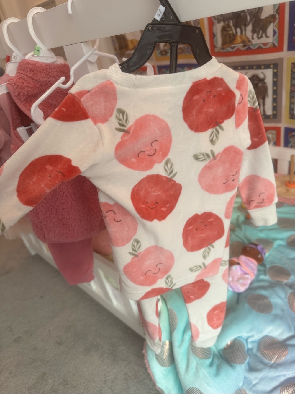 Cute Apple Print Baby Pajama Set - White & Coral